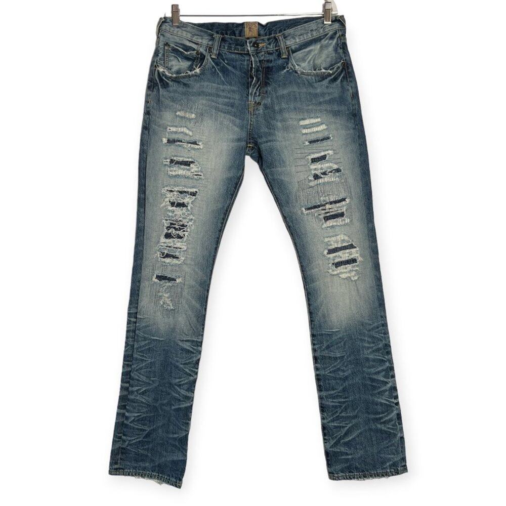 PRPS Goods Demon Slim Fit Jeans Size 36x34 Distressed Ripped Whiskered Denim